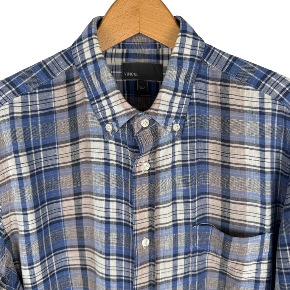 Vince Plaid Linen Button Down‎ Shirt Mens Large Blue Tan Long Sleeve Preppy READ
